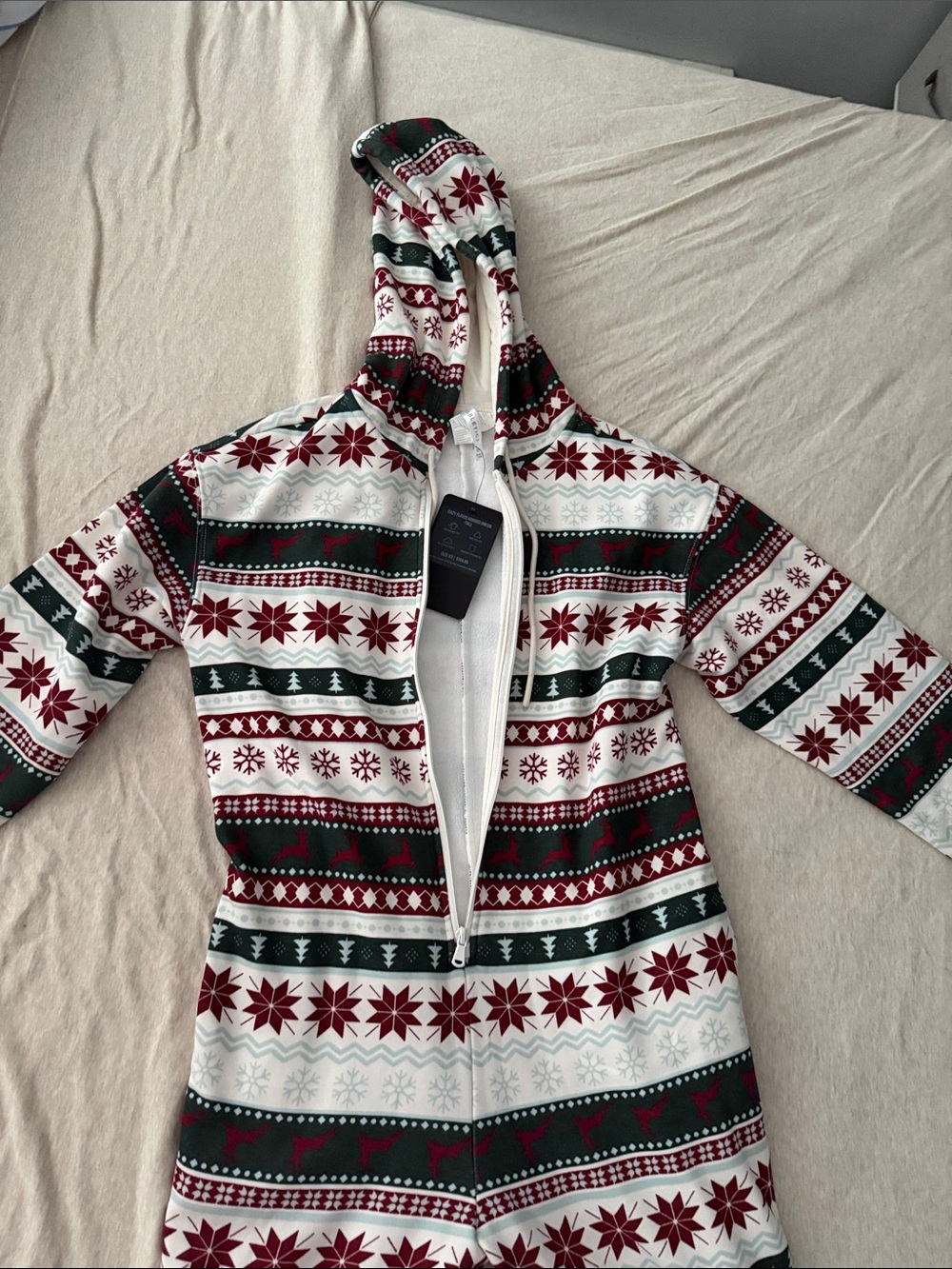 Fabletics Fair Isle Hooded Zip-Front Onesie - Red, Green & White